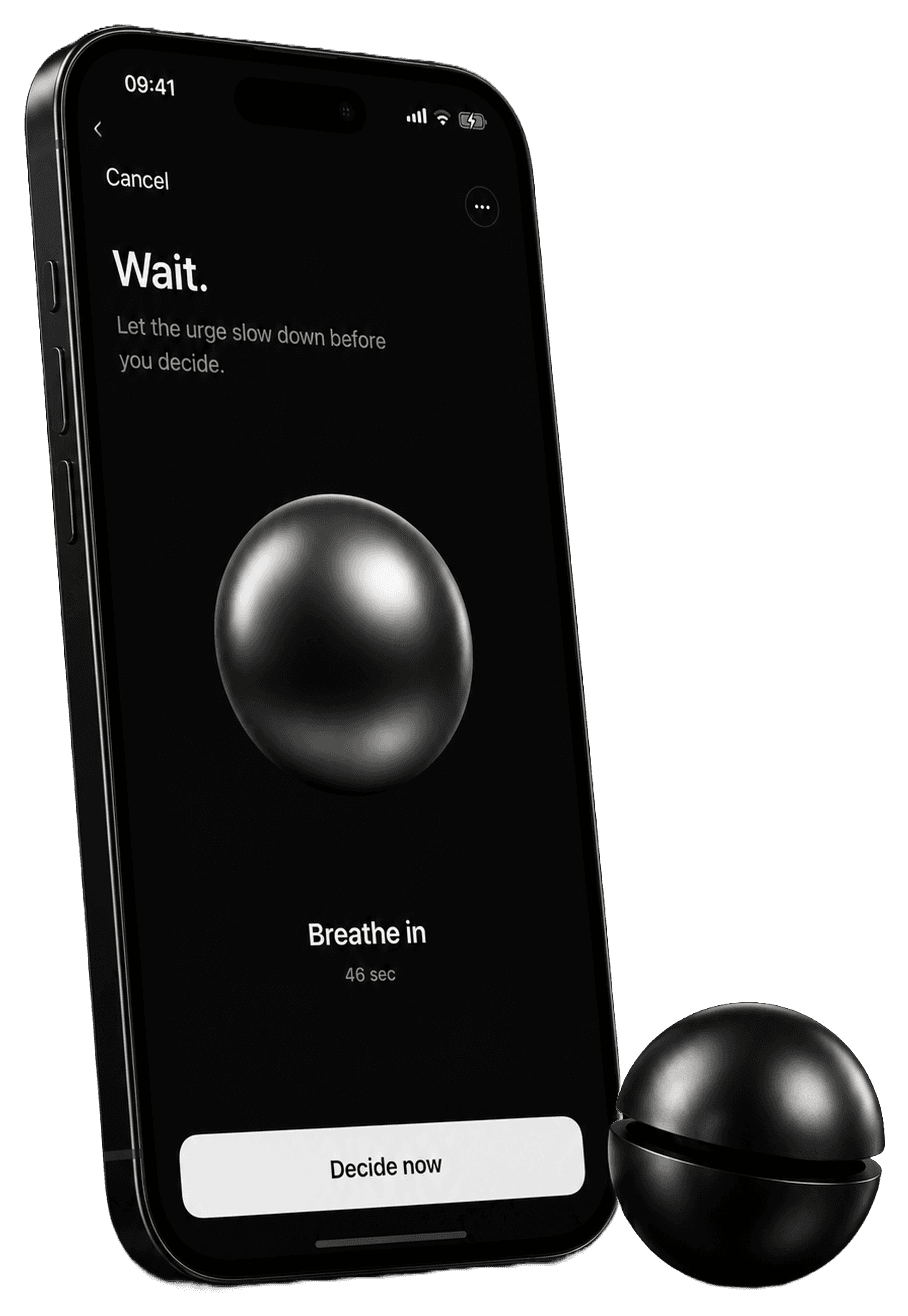 Griotta stepping in before a shopping app opens: the breathing pause with the metallic sphere